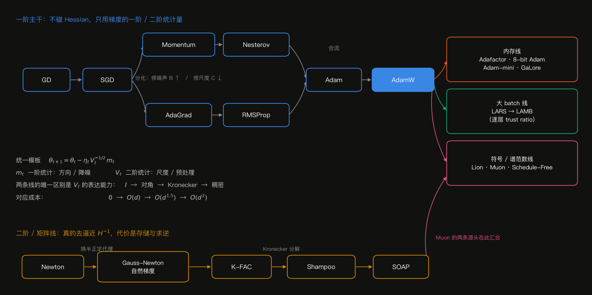 优化器谱系全图。上半部是一阶主干:GD → SGD 之后分化成两支——Momentum → Nesterov(修噪声)和 AdaGrad → RMSProp(修尺度),两支在 Adam 处合流,再到 AdamW,然后扇出三条分支:内存线(Adafactor / 8-bit Adam / Adam-mini / GaLore)、大 batch 线(LARS → LAMB)、符号与谱范数线(Lion / Muon / Schedule-Free)。下半部是独立的二阶矩阵线:Newton → Gauss-Newton 与自然梯度 → K-FAC → Shampoo → SOAP,其末端与符号/谱范数线在 Muon 处汇合。中间标出统一模板 θ_{t+1} = θ_t − η_t V_t^{−1/2} m_t,以及两条线的唯一区别是 V_t 的表达能力从 I 到对角到 Kronecker 到稠密,对应成本从 0 到 O(d) 到 O(d^1.5) 到 O(d²)。
