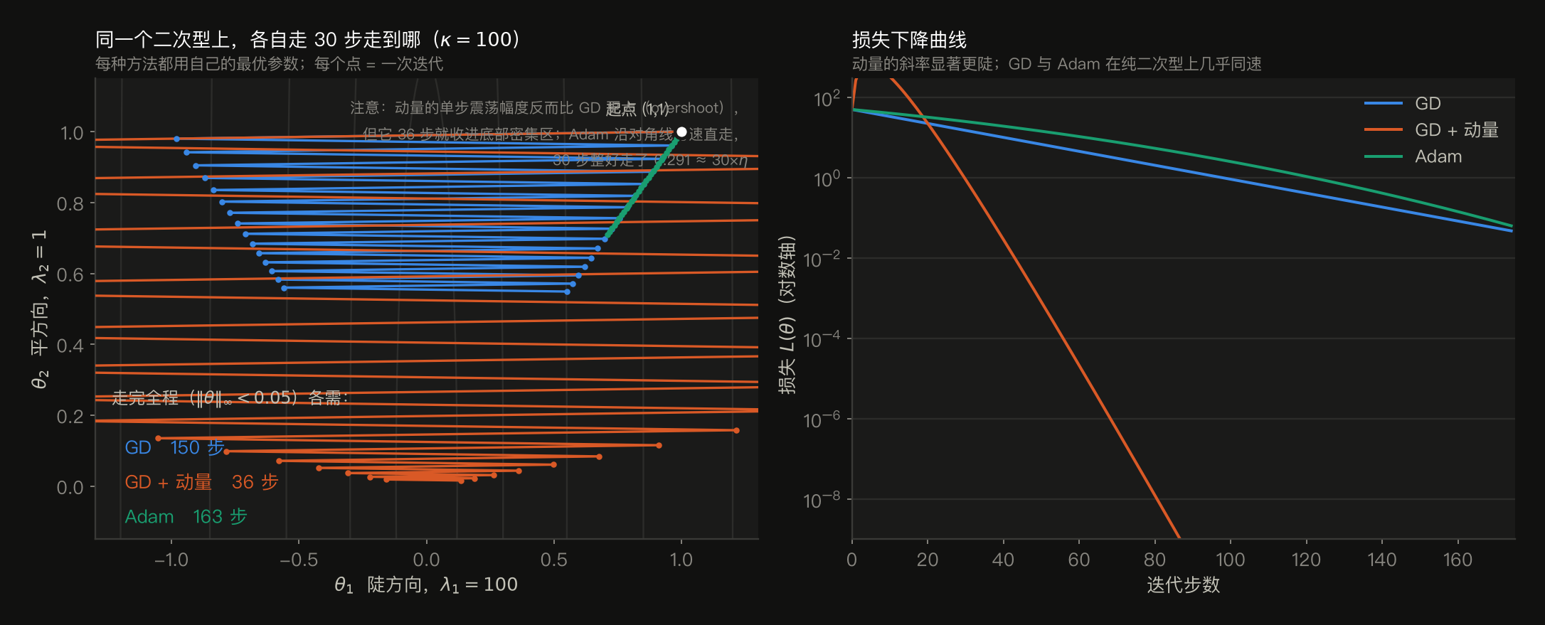 κ=100 的二次型上 GD、GD+动量、Adam 各走 30 步的真实轨迹与损失曲线。左图:等高线是被拉长的椭圆;GD(蓝)在陡方向 θ1 上大幅正负横向震荡,30 步后从 (1,1) 只走到 (0.549, 0.549);GD+动量(橙)单步震荡幅度反而更大、扫出更宽的范围,但 30 步后已到 (0.135, 0.016) 收进底部密集区;Adam(绿)沿对角线匀速直线前进,30 步走了 0.291 约等于 30 倍学习率 0.01。走完全程到 ‖θ‖∞<0.05 分别需要 GD 150 步、动量 36 步、Adam 163 步。右图对数轴损失曲线:动量的斜率显著更陡,GD 与 Adam 在纯二次型上几乎同速。