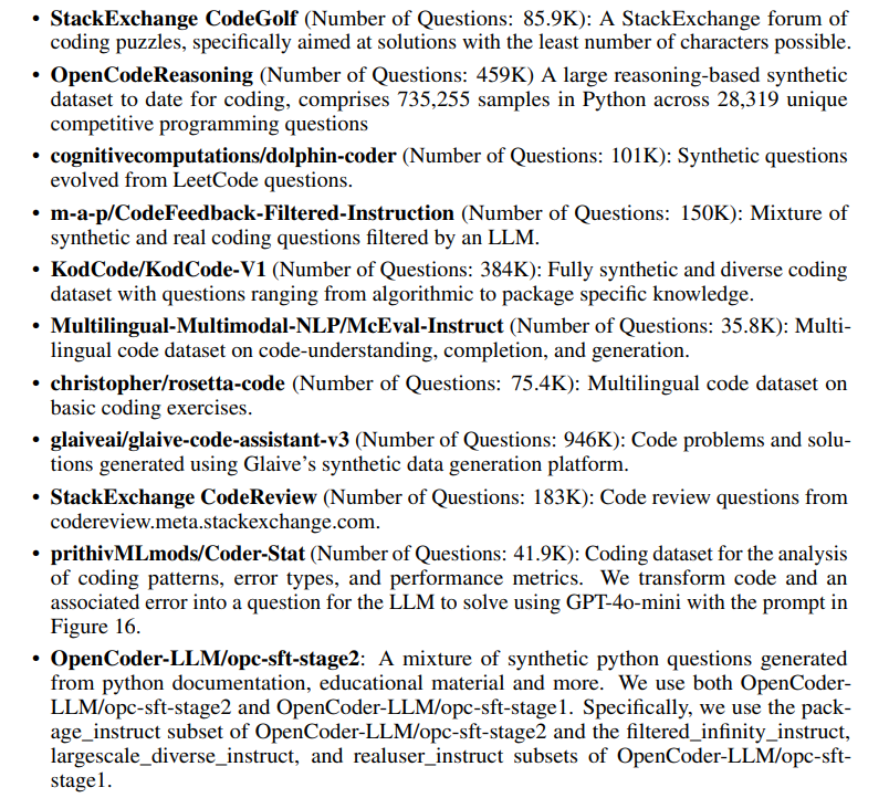OpenThoughts 的代码类数据来源清单(论文配图)