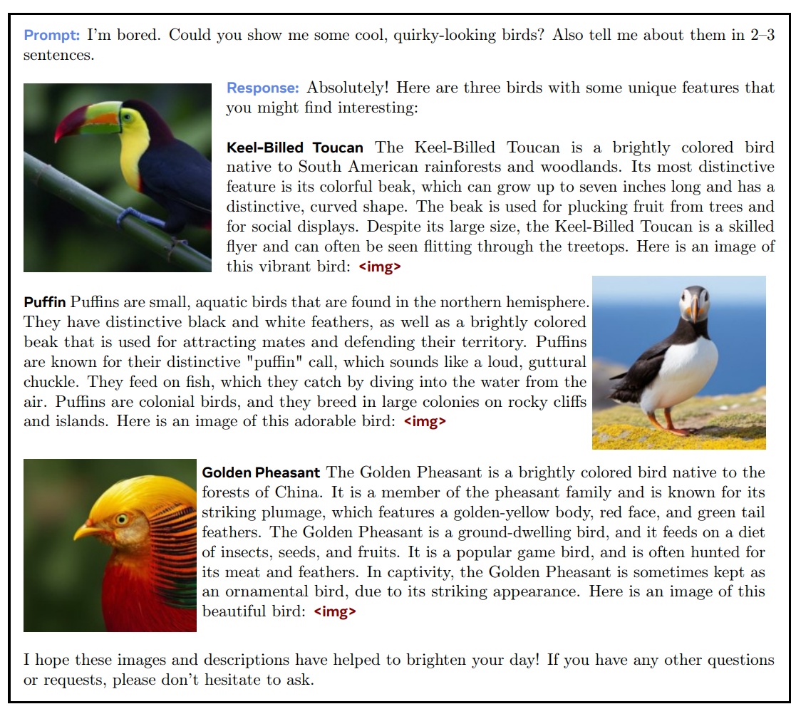 Chameleon 的交错生成示例:prompt 是"I’m bored. Could you show me some cool, quirky-looking birds?",回答里文字和图片交替出现(巨嘴鸟、海鹦、金鸡)(讲义图 images/chameleon-example.png)