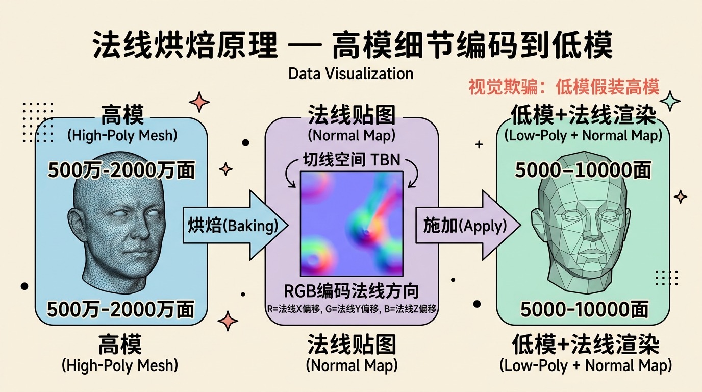 法线烘焙原理：高模法线编码到低模贴图